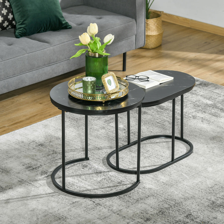 Lot de 2 tables gigognes effet marbre noir, acier