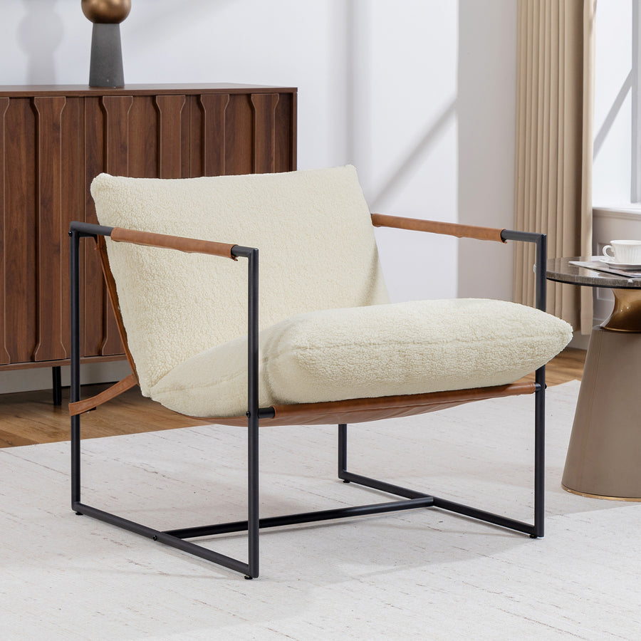 Fauteuil bouclette crème, structure acier noir