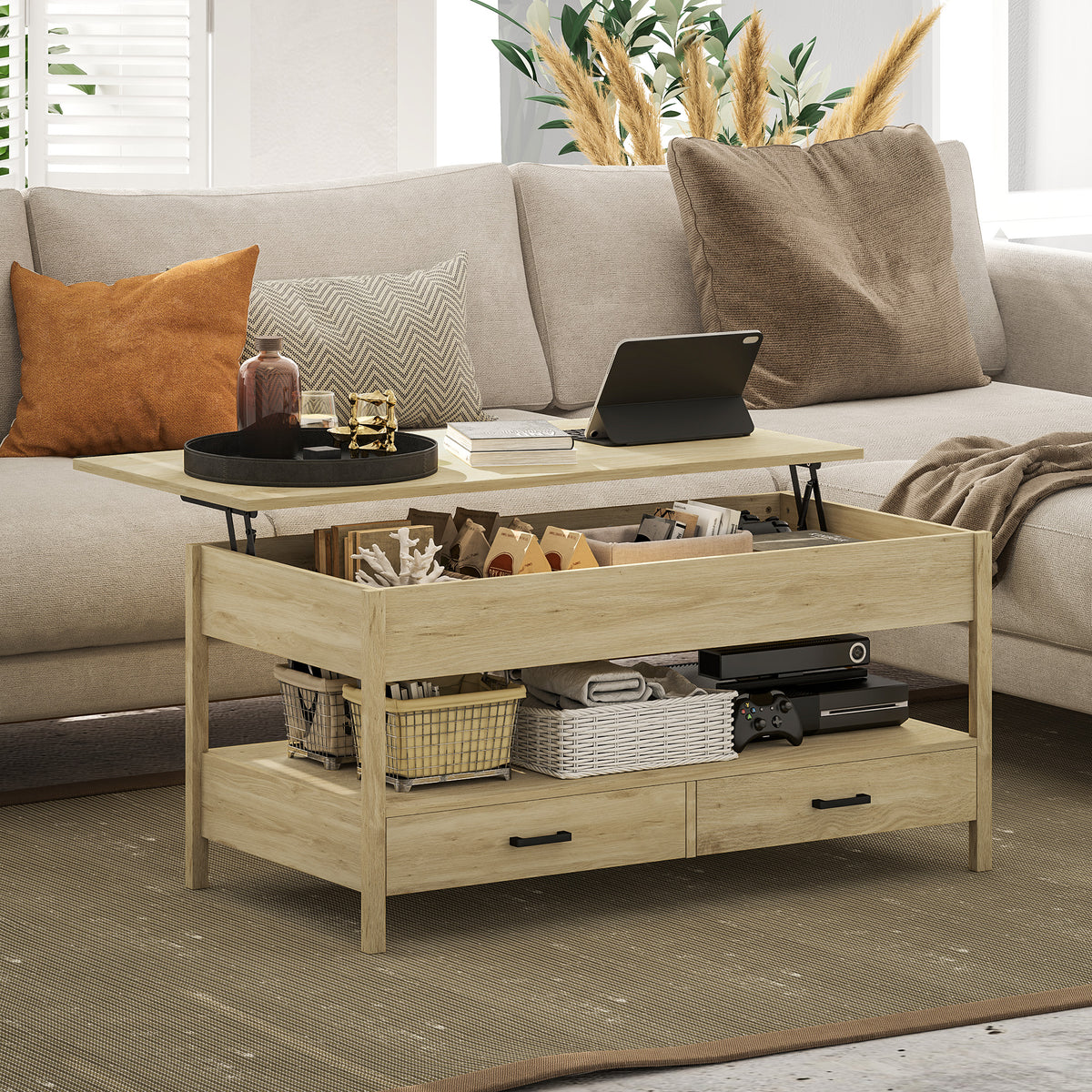 Table basse relevable chêne avec tiroirs, 100 × 50 cm