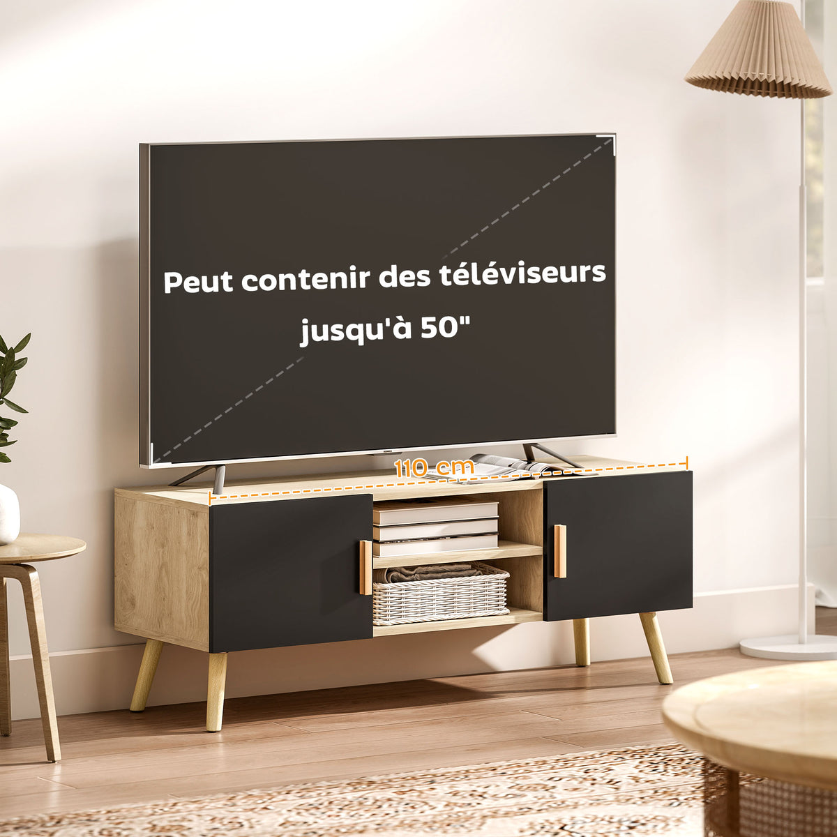 Meuble TV chêne et noir, 2 portes, 110 cm, détail 2