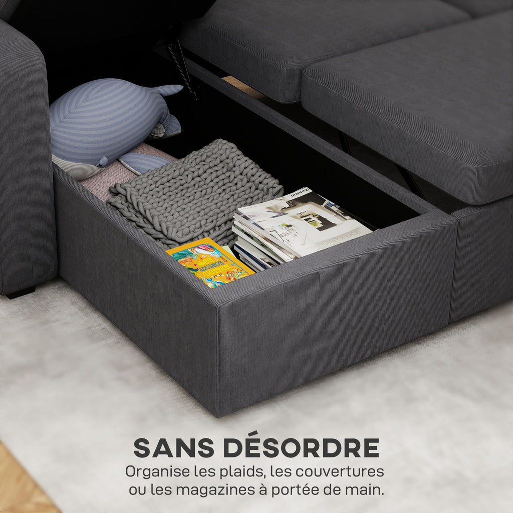 Canapé d'angle convertible velours côtelé gris, coffre, 205 × 135 cm, détail 3