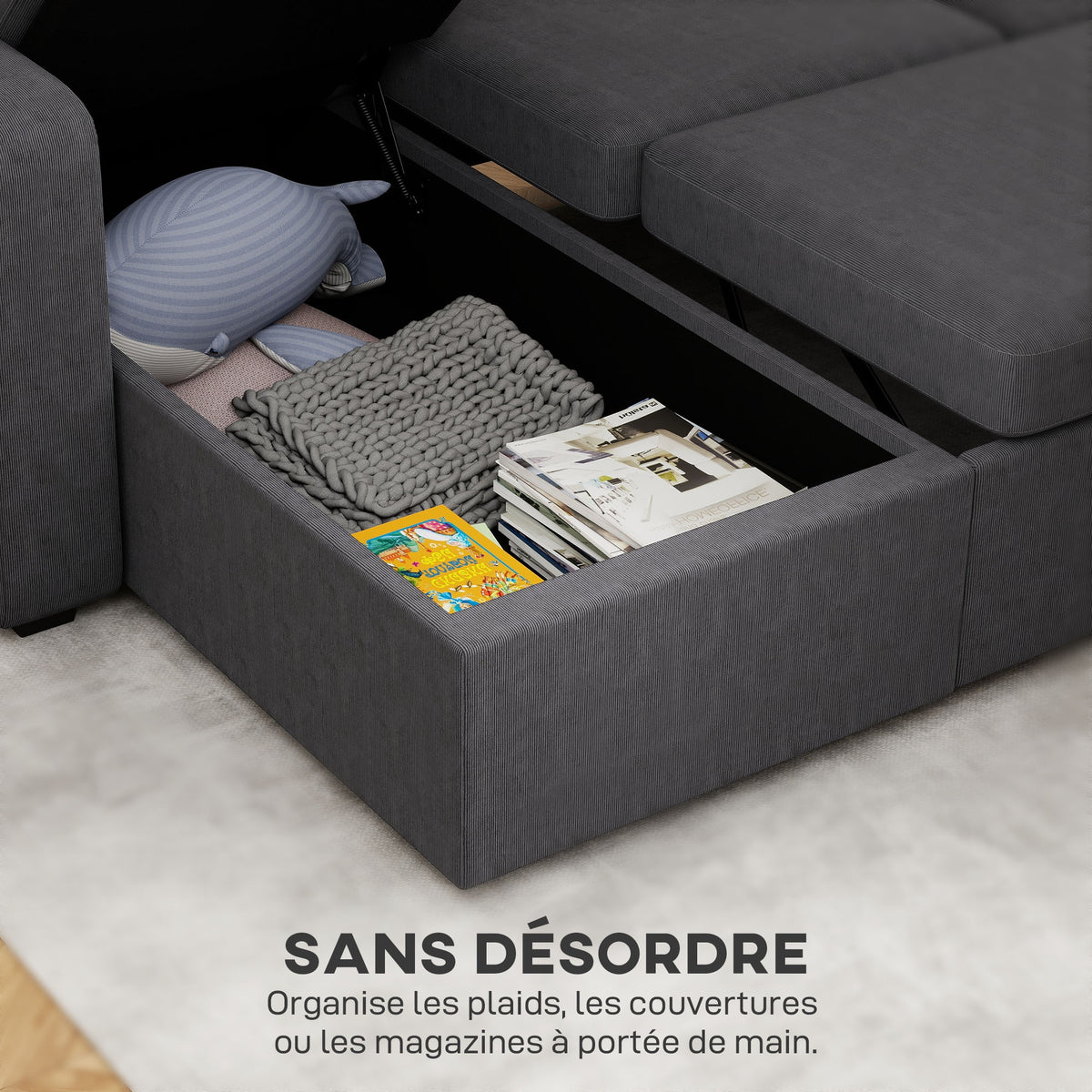 Canapé d'angle convertible velours côtelé gris, coffre, 205 × 135 cm, détail 3