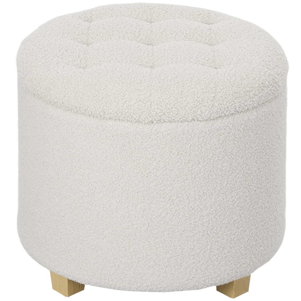 Pouf coffre rond bouclette blanc, pieds pin, Ø 45 cm – Saint-Oréan