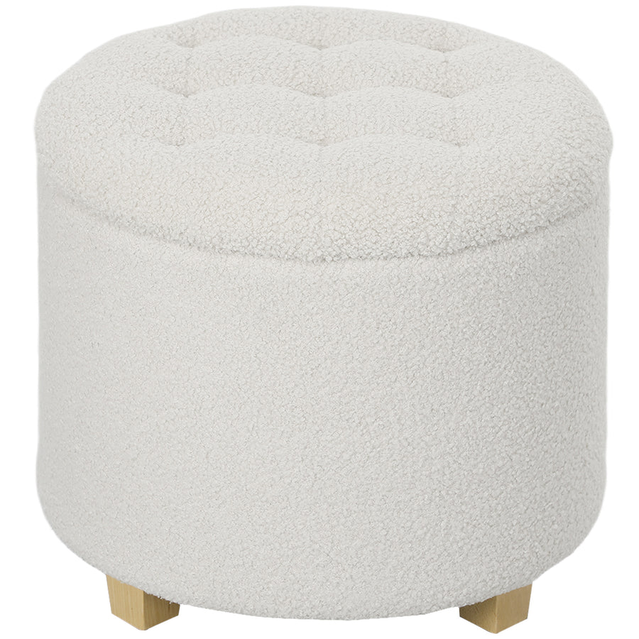 Pouf coffre rond bouclette blanc, pieds pin