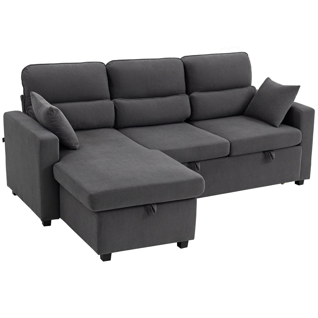 Canapé d'angle convertible velours côtelé gris, coffre, 205 × 135 cm, sur fond blanc