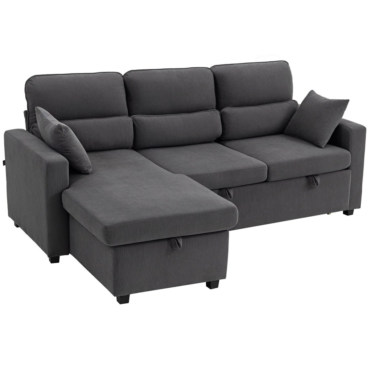 Canapé d'angle convertible velours côtelé gris, coffre, 205 × 135 cm, sur fond blanc