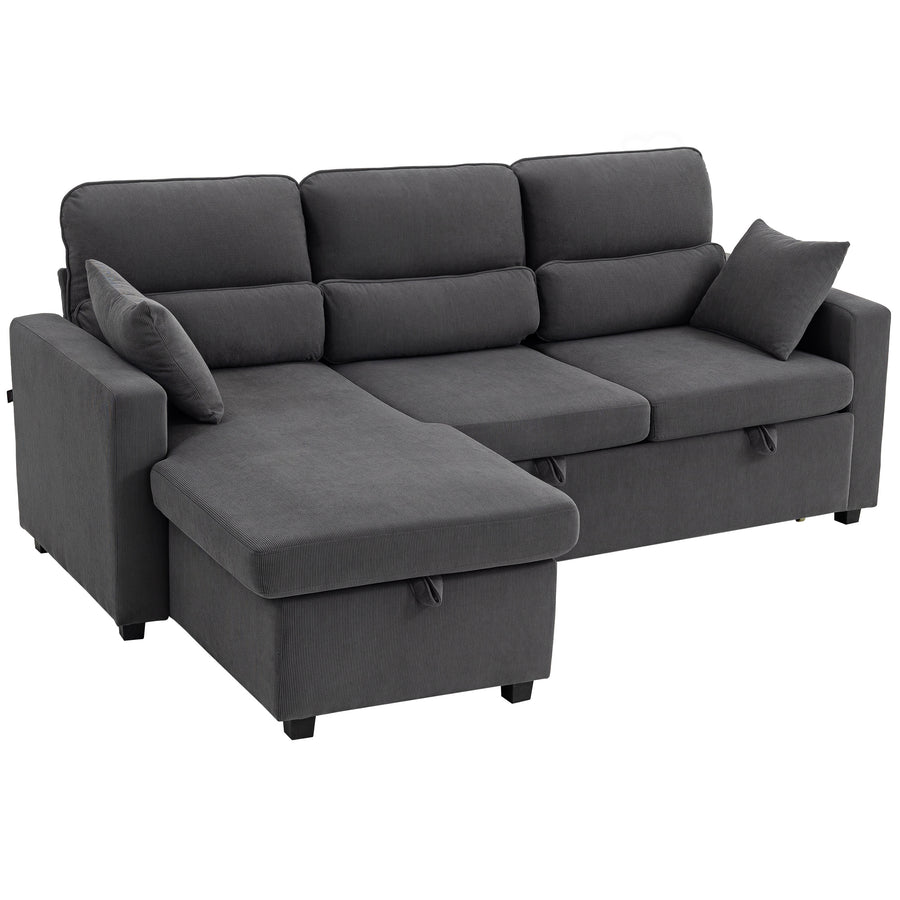 Canapé d'angle convertible velours côtelé gris, coffre de rangement