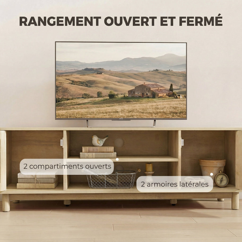 Meuble TV rotin et chêne, portes cannées, 135 cm, détail 5