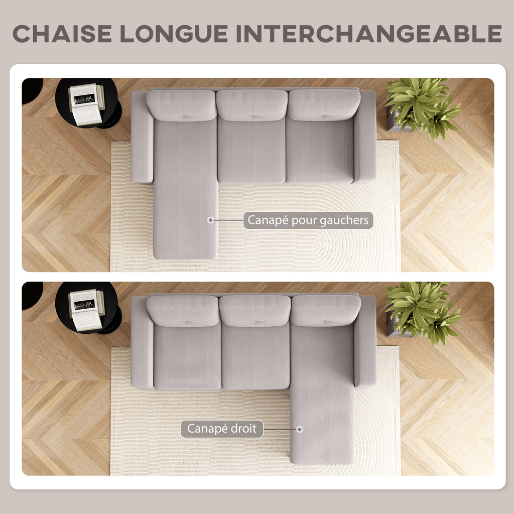 Canapé d'angle réversible velours côtelé gris clair, 192 × 137 cm, détail 1