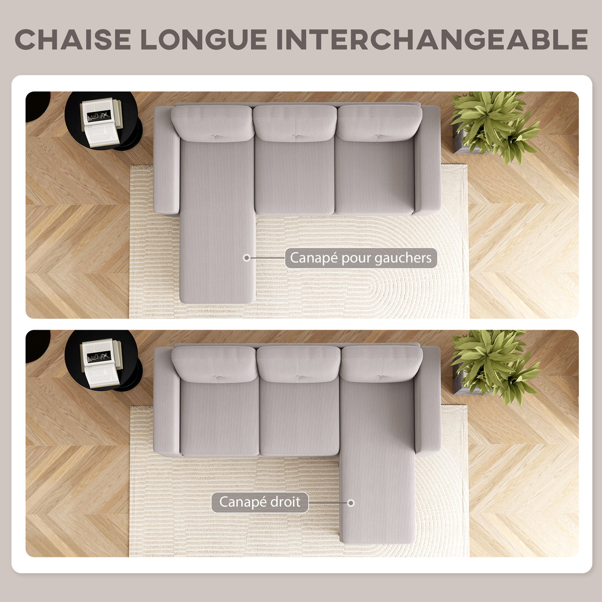 Canapé d'angle réversible velours côtelé gris clair, 192 × 137 cm, détail 1