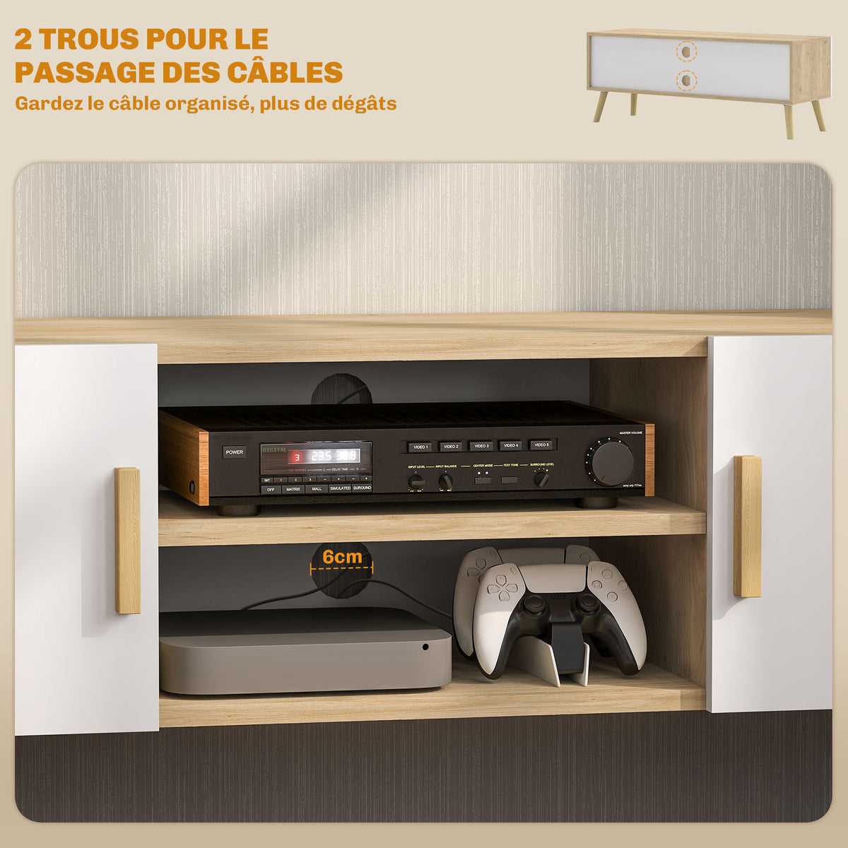 Meuble TV chêne et blanc, 2 portes, 110 cm, détail 6