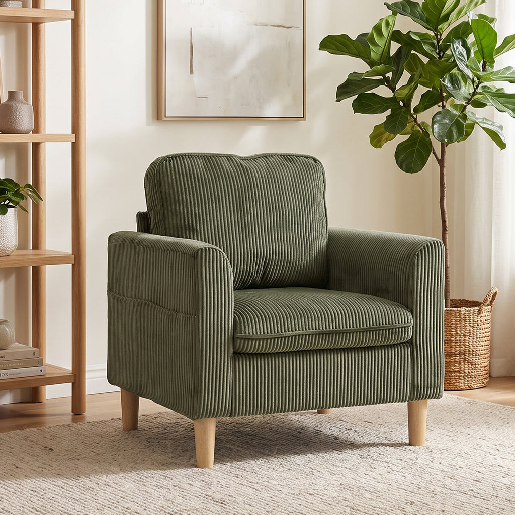 Fauteuil velours côtelé vert olive, 83 × 74 × 87 cm, vue 2 – Saint-Oréan