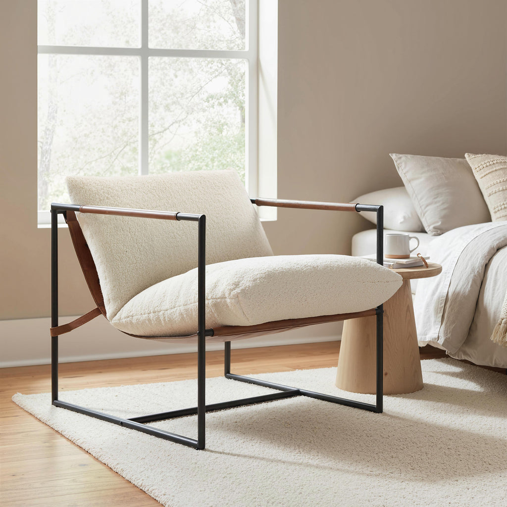 Fauteuil bouclette crème, structure acier noir, 77 × 91 × 80 cm, vue 3 – Saint-Oréan