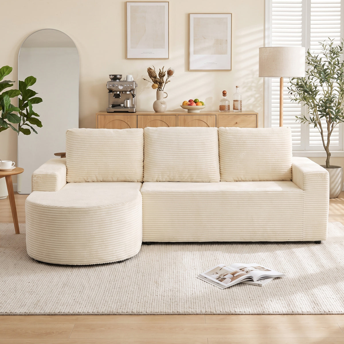 Canapé d'angle velours côtelé beige, méridienne arrondie, 235 cm