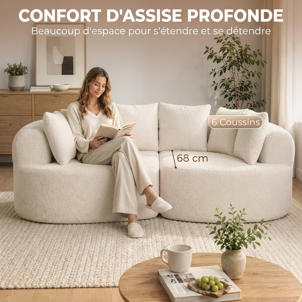 Canapé incurvé 3 places chenille crème, 188 cm, détail 4