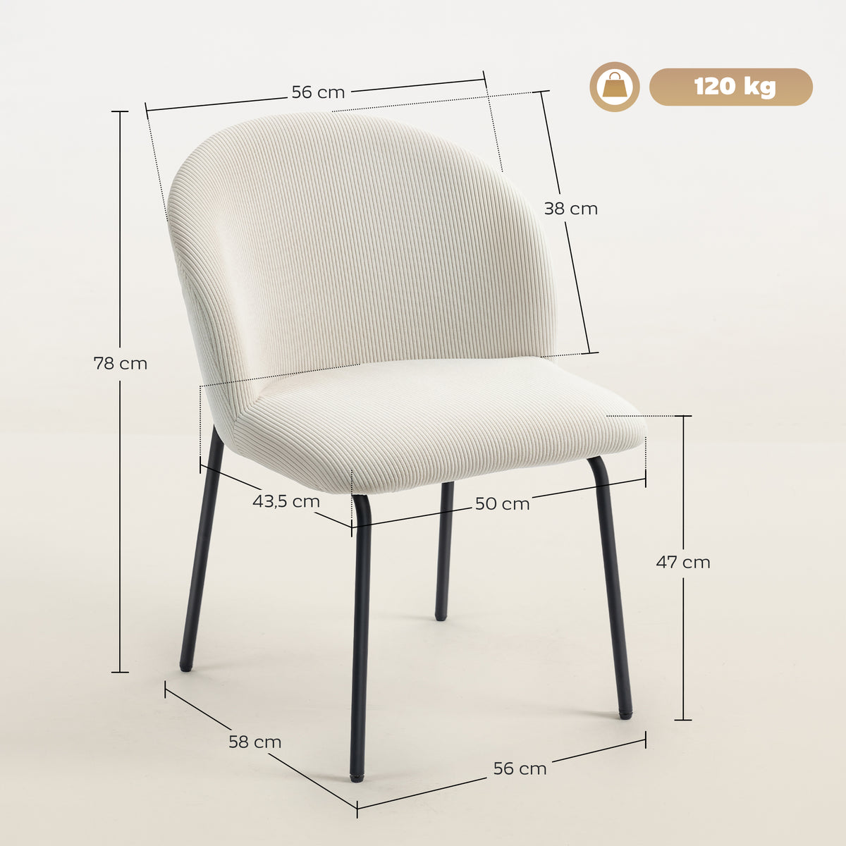 Lot de 2 chaises velours côtelé crème, pieds acier, détail 5