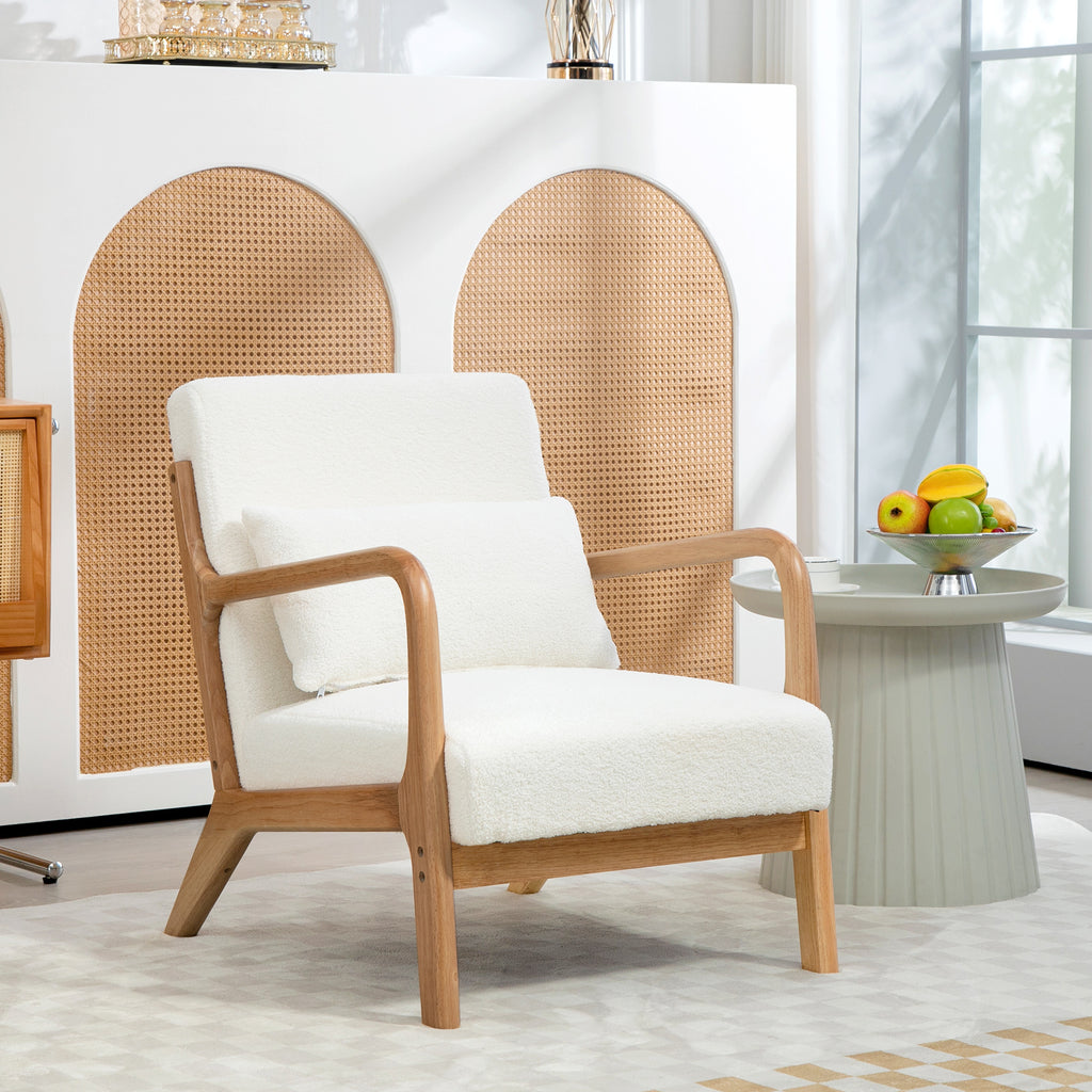 Fauteuil lounge bouclette crème, structure bois d'hévéa, vue 2 – Saint-Oréan