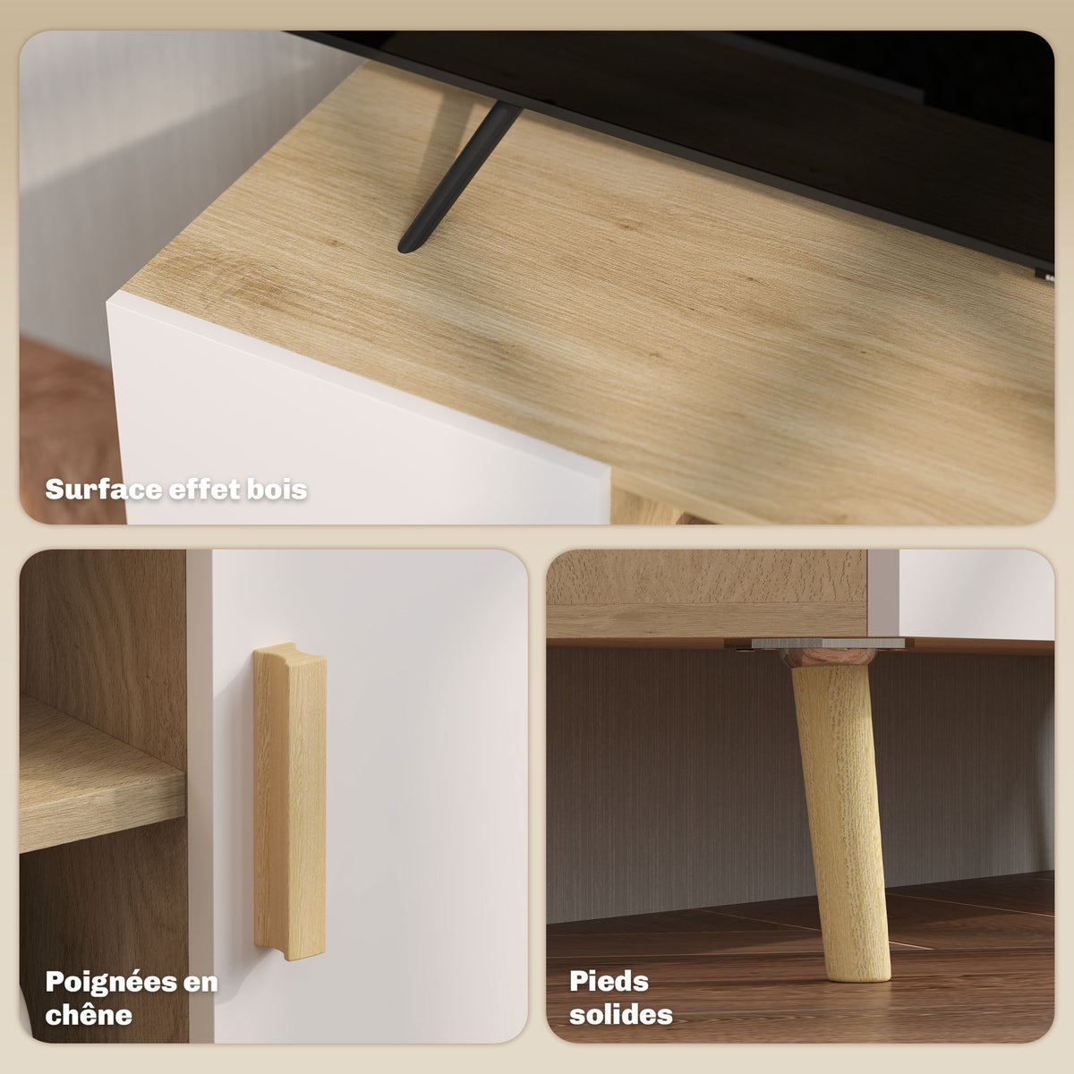 Meuble TV chêne et blanc, 2 portes, 110 cm, détail 7