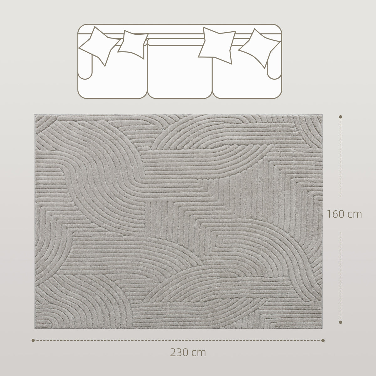 Tapis de salon en relief gris, 230 × 160 cm, sur fond blanc
