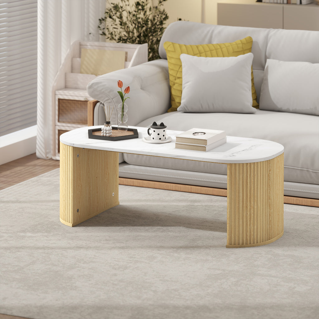 Table basse ovale effet marbre blanc, pieds bois, 110 × 50 cm, détail 5