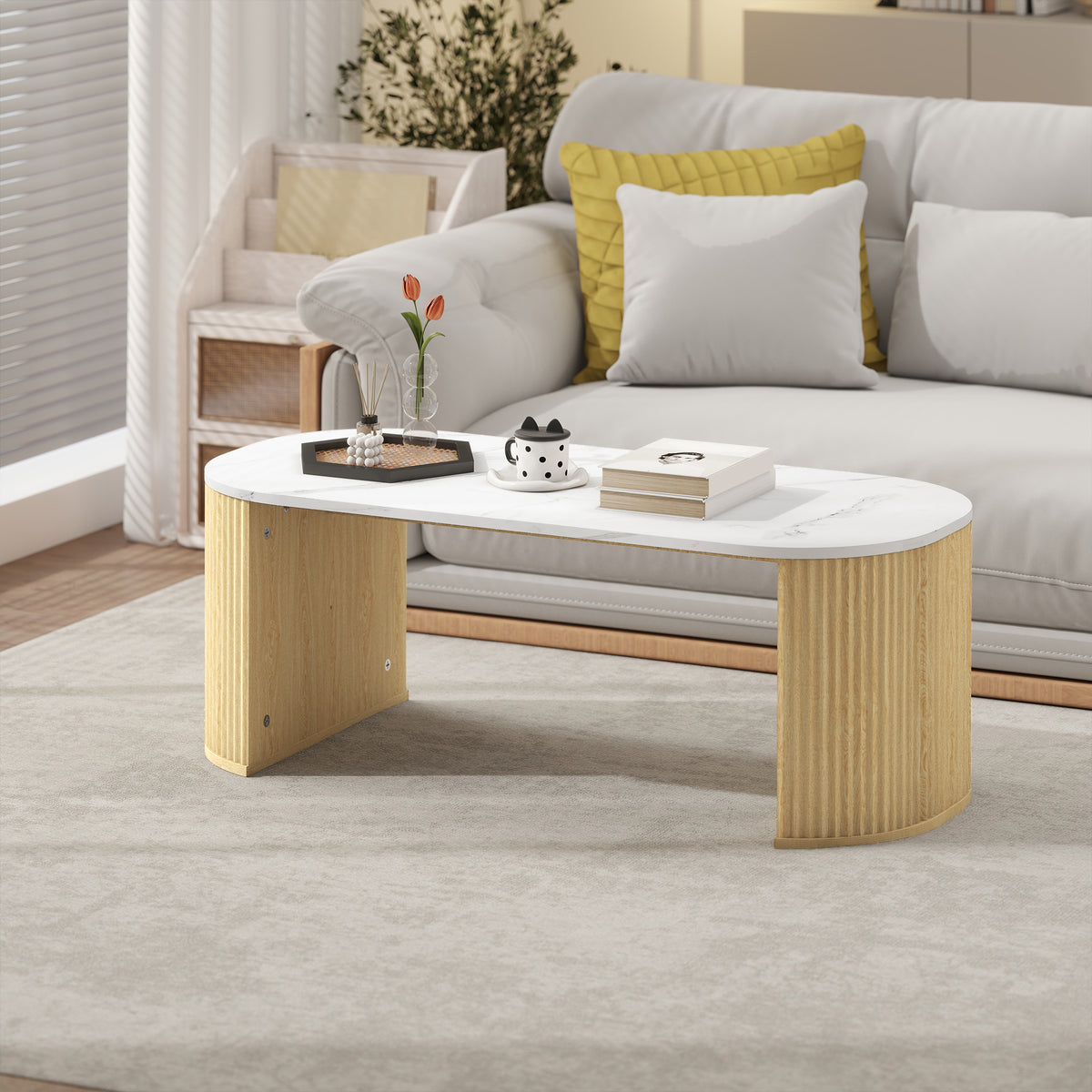 Table basse ovale effet marbre blanc, pieds bois, 110 × 50 cm, détail 5