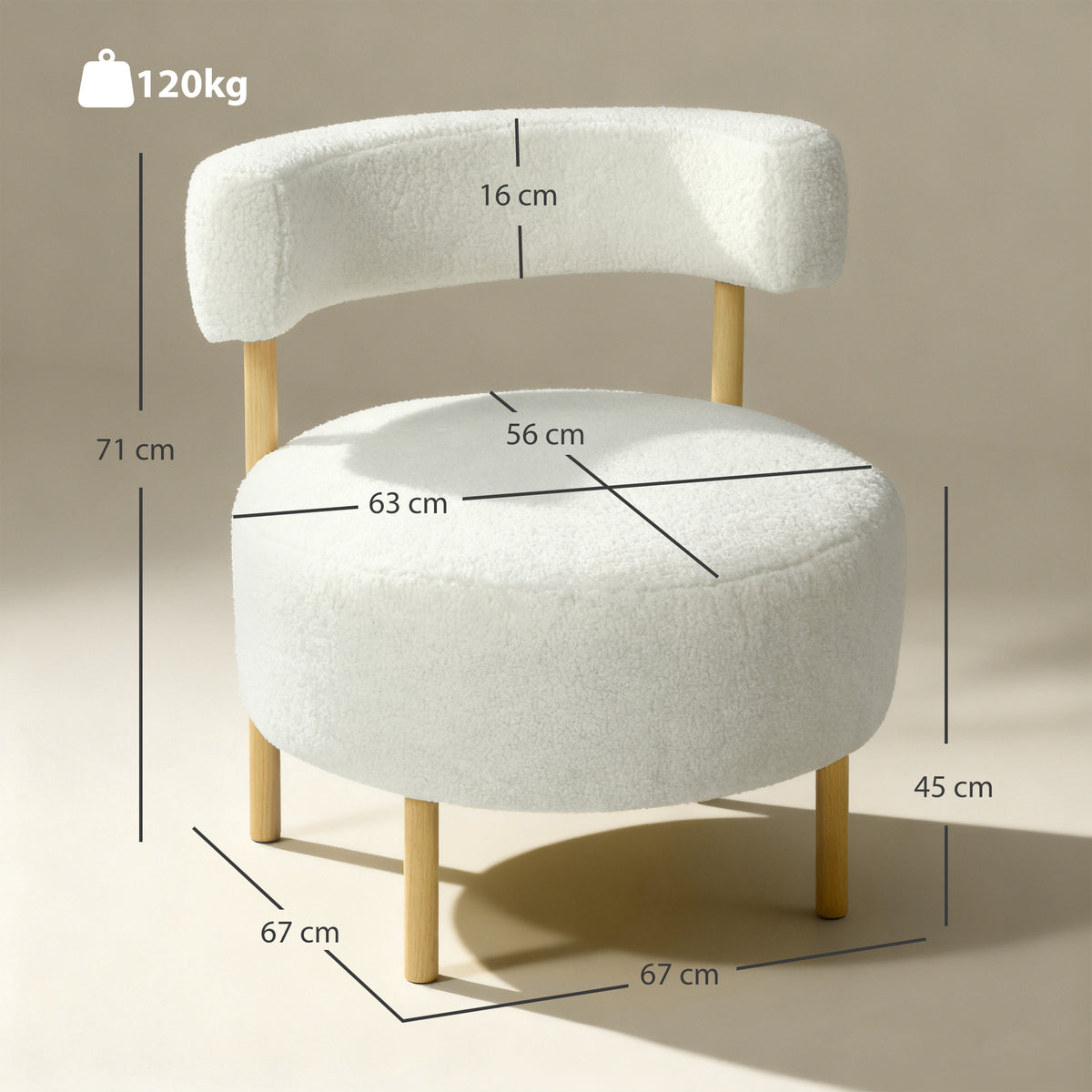 Canapé 1 place en tissu bouclette, fauteuil de salon rembourré avec dossier incurvé, assise large, 67x67x71cm, crème-2
