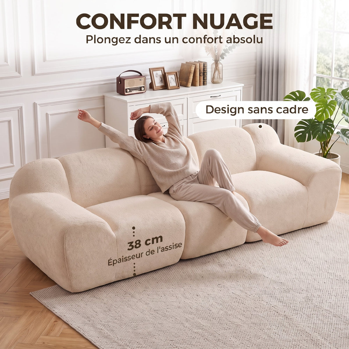 Canapé nuage 3 places chenille beige, 233 cm, détail 1
