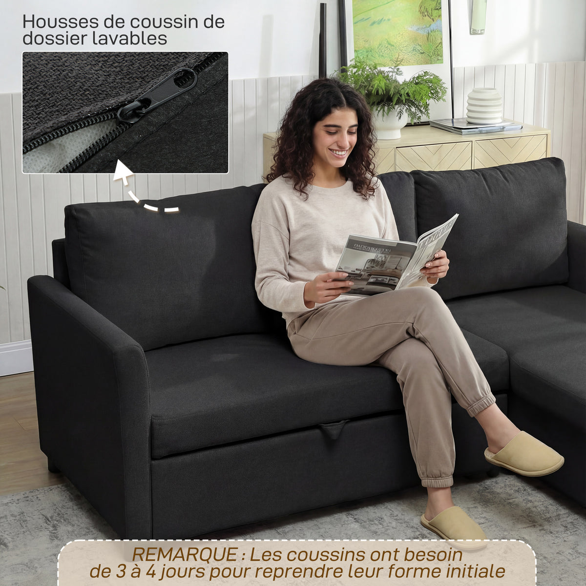 Canapé d'angle convertible aspect lin gris anthracite, 192 × 148 cm, détail 7