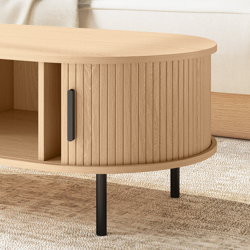 Table basse ovale à portes coulissantes, bois naturel, 100 × 55 × 40 cm, vue 5 – Saint-Oréan