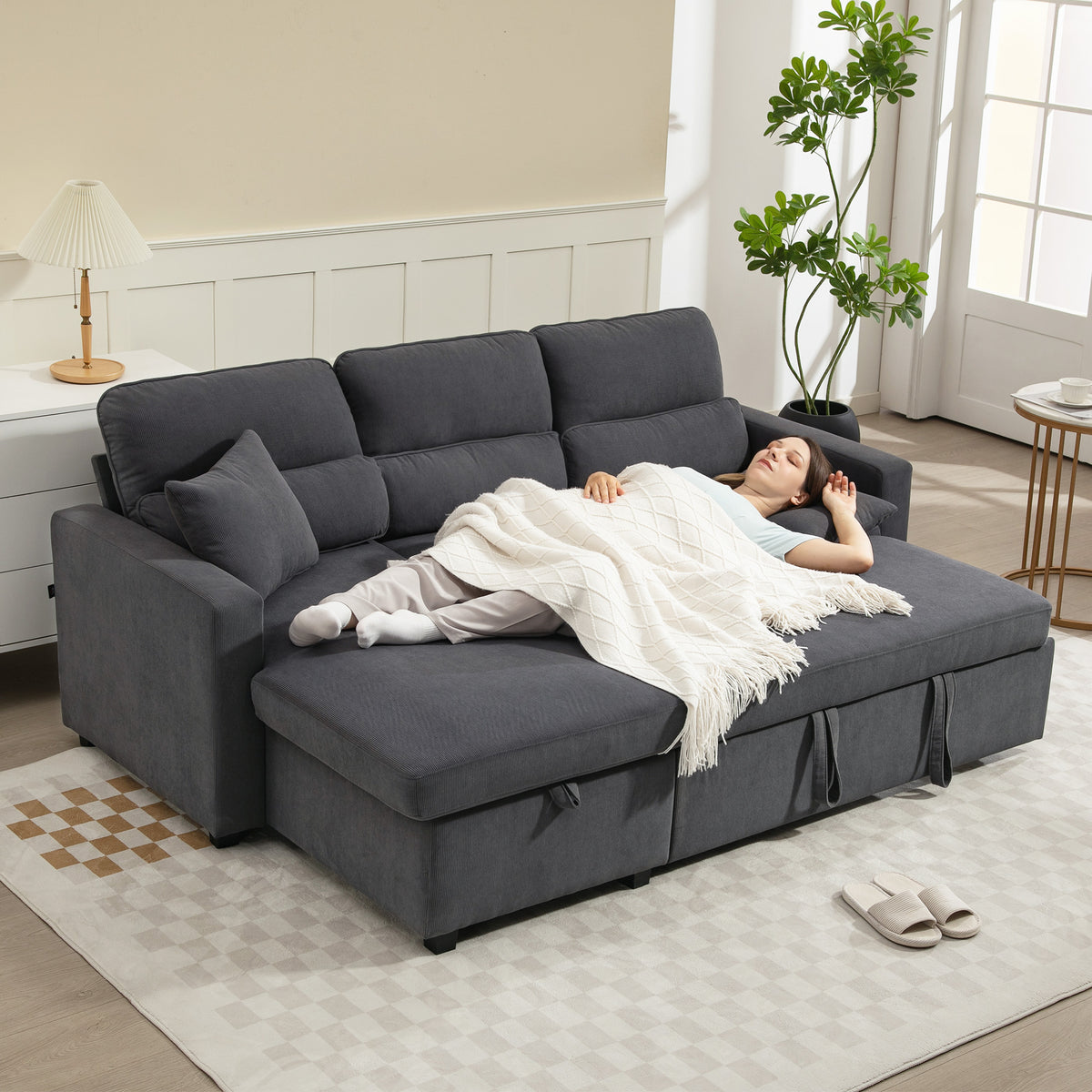 Canapé d'angle convertible velours côtelé gris, coffre, 205 × 135 cm, détail 6