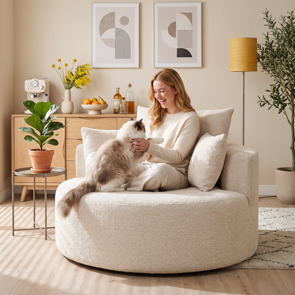 Pouf Canapé Rond en Chenille, Grande Assise, 2 Coussins, 1 Dossier, 1 Traversin, Charge 250kg, 130x130x82cm, Crème-8