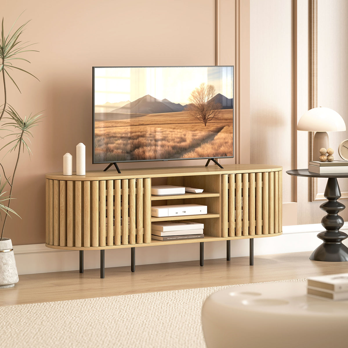 Meuble TV à portes à lattes, bois naturel, 140 × 40 × 52 cm, vue 7 – Saint-Oréan