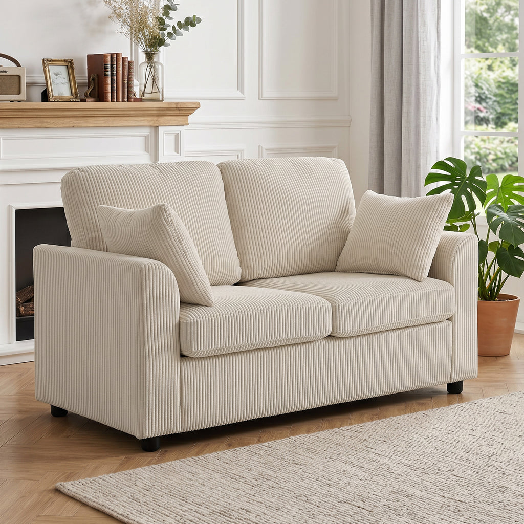 Canapé 2 places velours côtelé beige, 144 cm