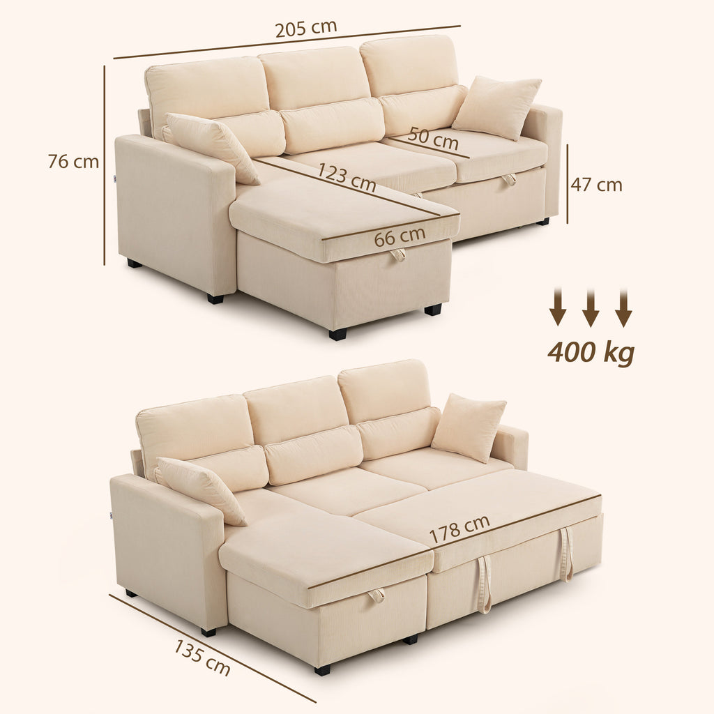 Canapé d'angle convertible velours côtelé beige, coffre, 205 × 135 cm, détail 3