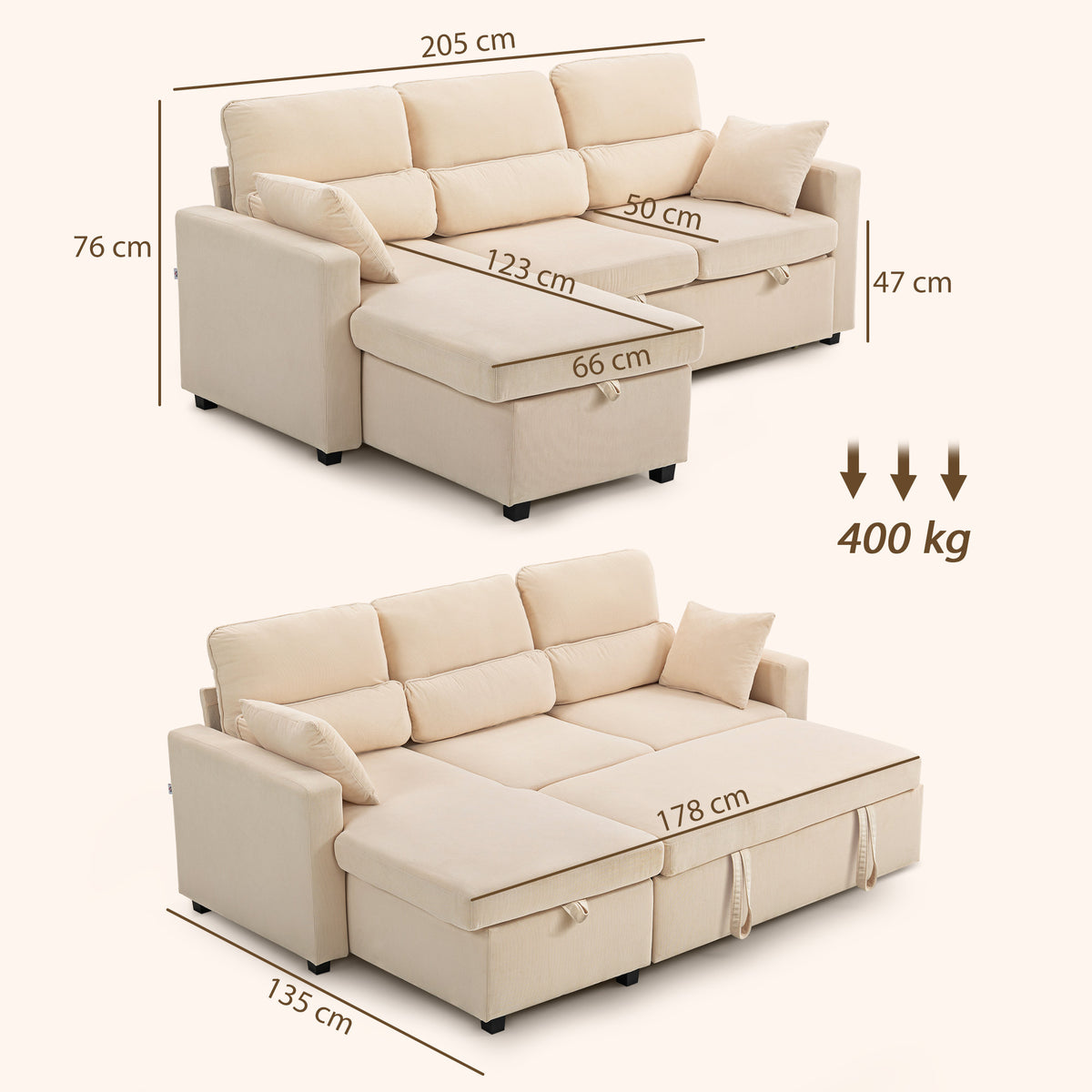 Canapé d'angle convertible velours côtelé beige, coffre, 205 × 135 cm, détail 3