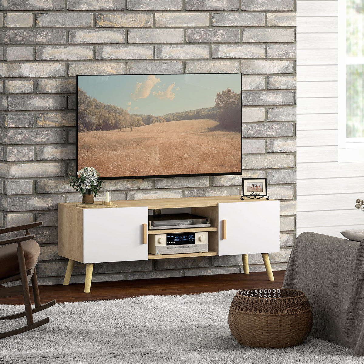 Meuble TV chêne et blanc, 2 portes, 110 cm, détail 4