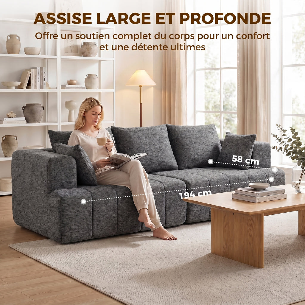 Canapé 3 places chenille gris, assise profonde, 248 cm, détail 5