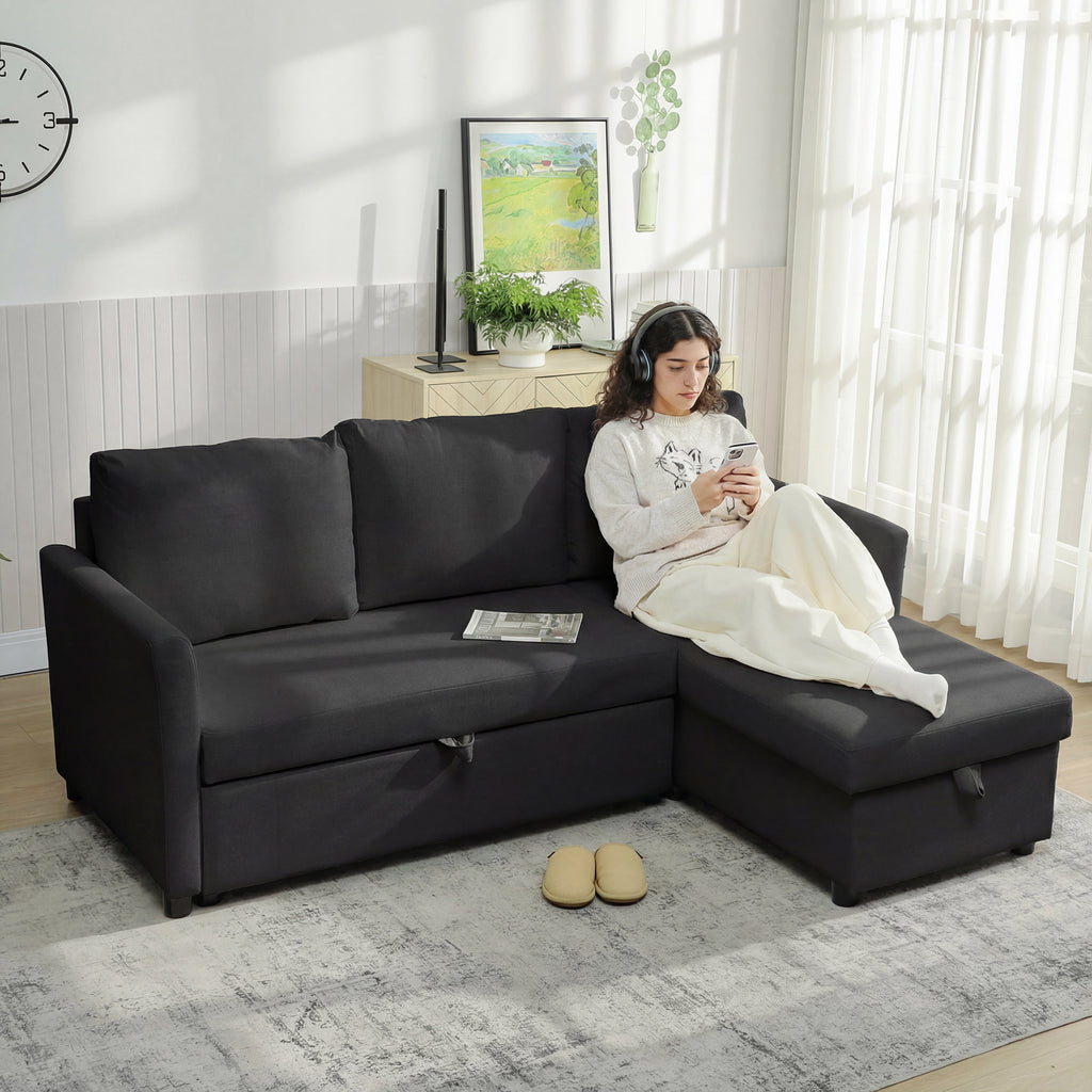 Canapé d'angle convertible aspect lin gris anthracite, 192 × 148 cm, détail 1