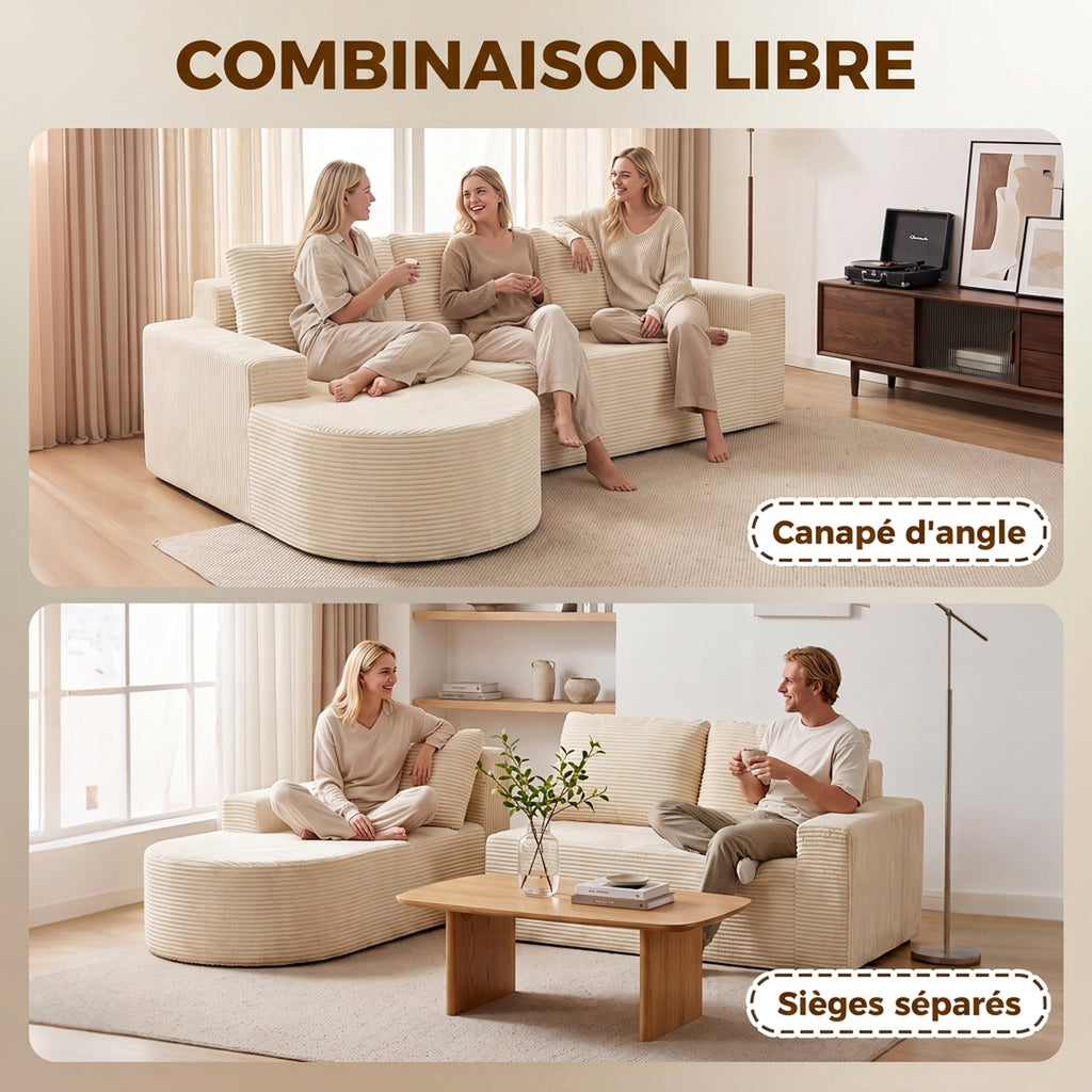 Canapé d'angle velours côtelé beige, méridienne arrondie, 235 cm, détail 7