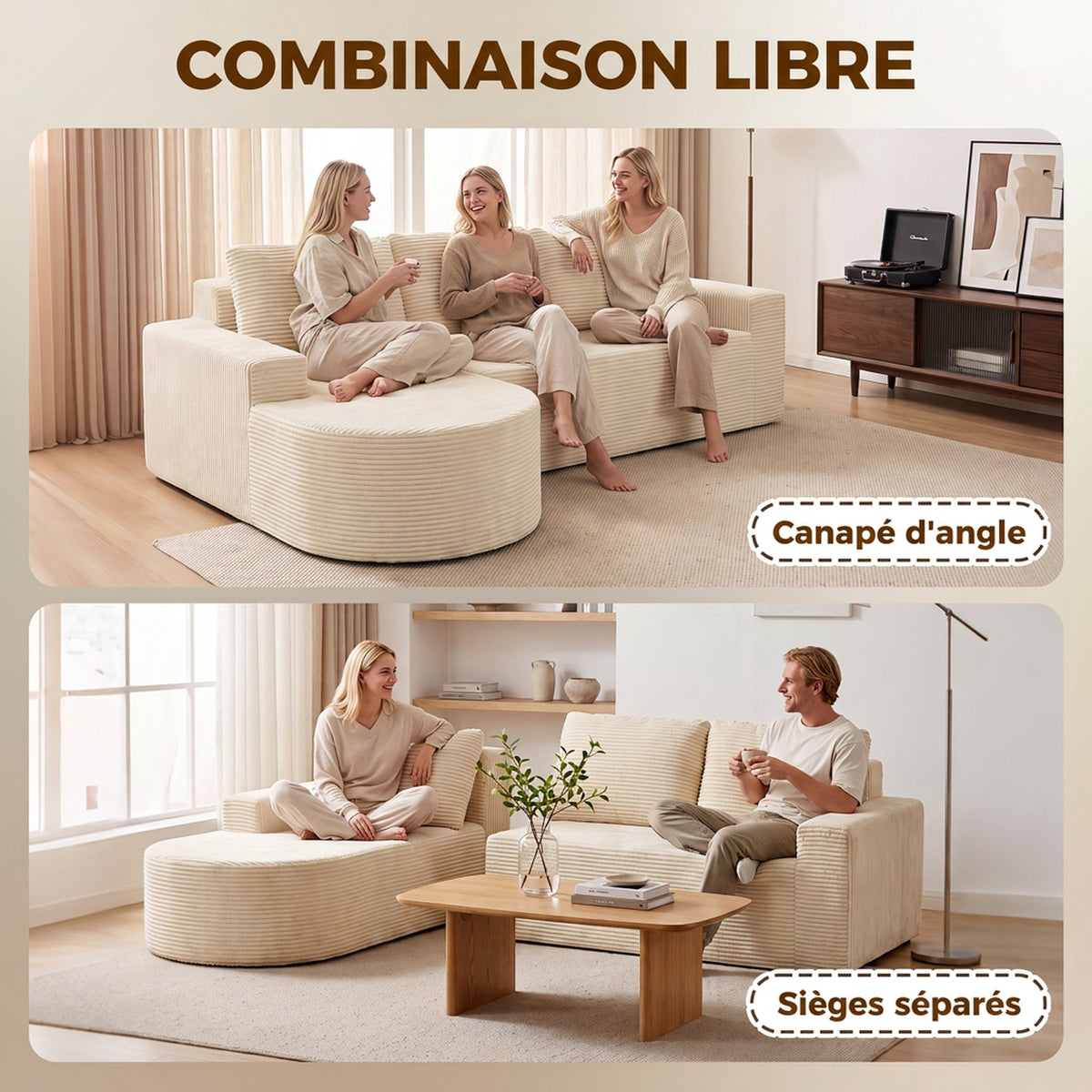 Canapé d'angle velours côtelé beige, méridienne arrondie, 235 cm, détail 7