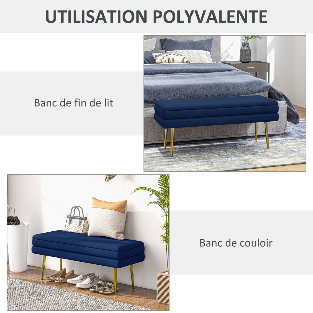 Banc coffre velours bleu marine, pieds dorés, 100 cm, détail 5