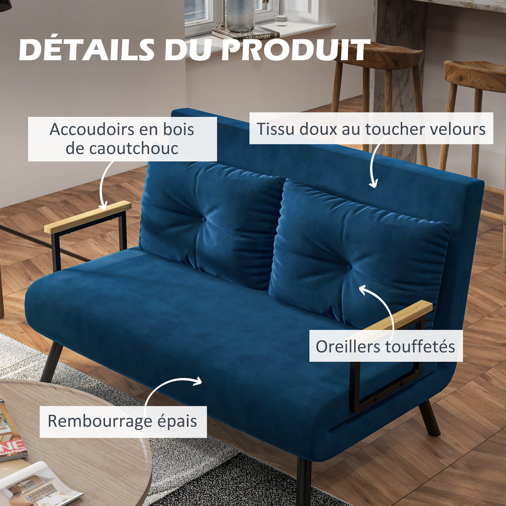Canapé convertible 2 places velours bleu marine, 102 cm, détail 8