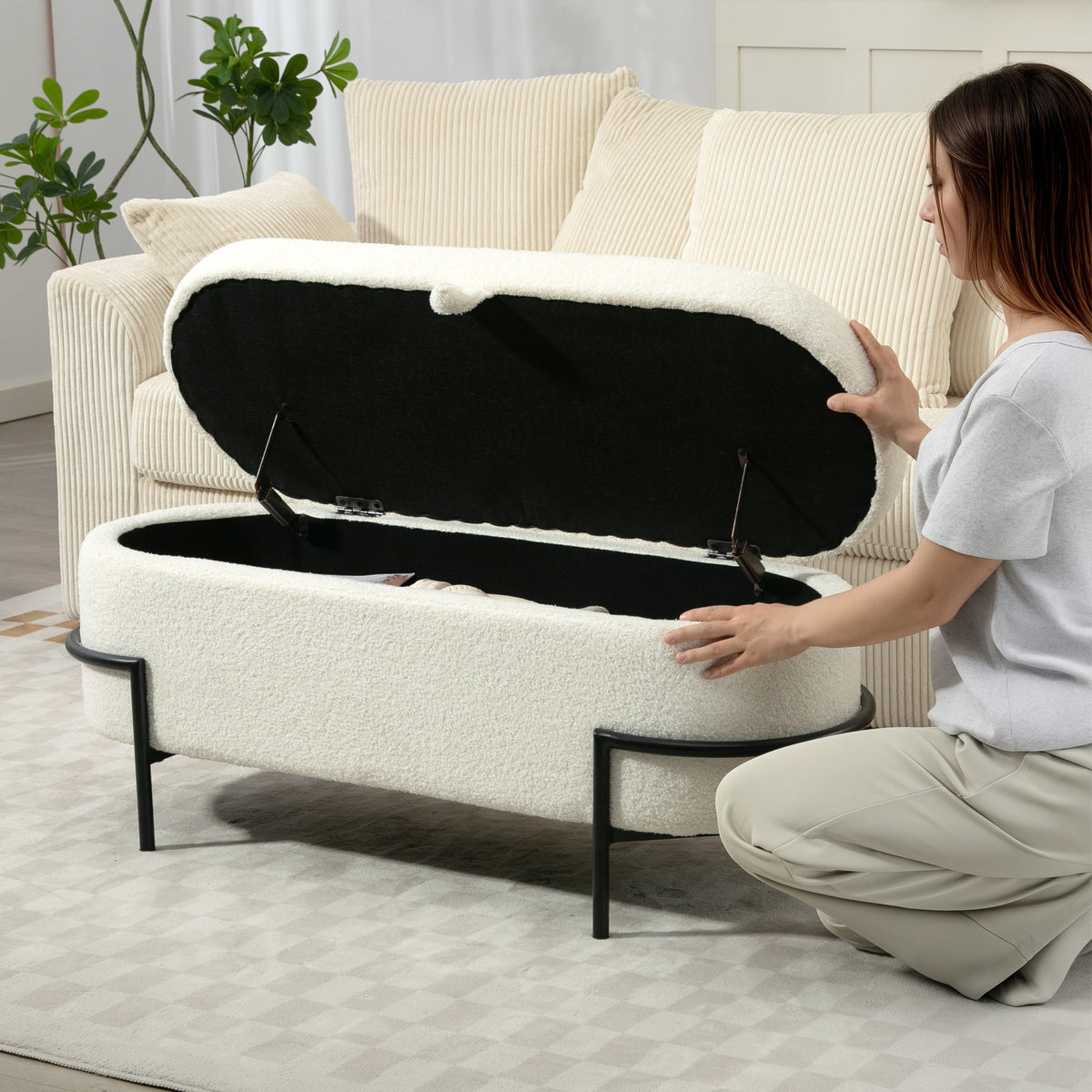 Banc de rangement, banc coffre de rangement en tissu bouclette avec couvercle relevable et pieds en acier, crème-7