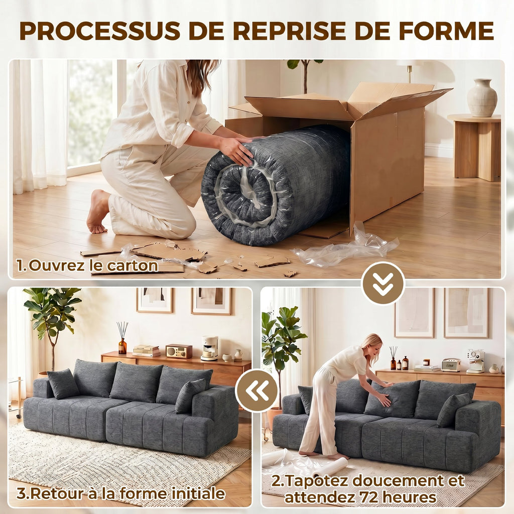 Canapé 3 places chenille gris, assise profonde, 248 cm, détail 2