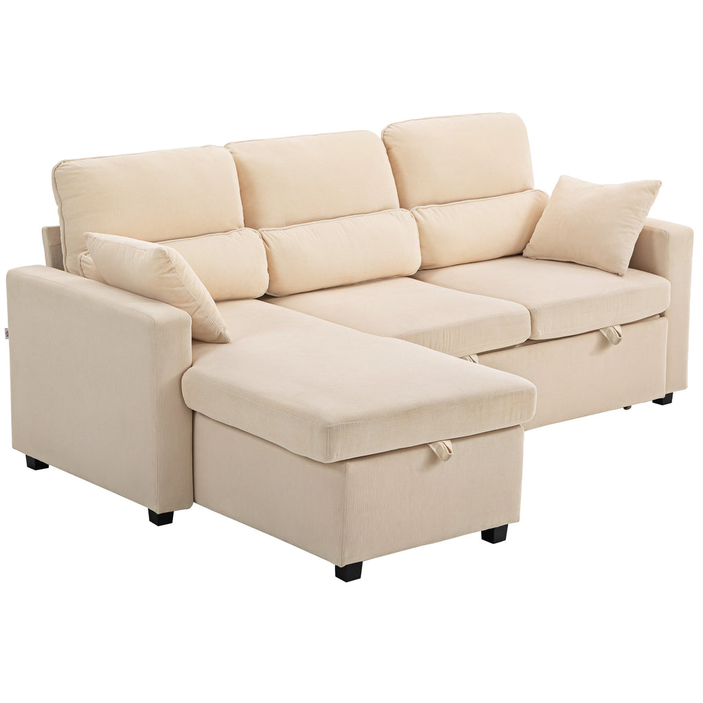 Canapé d'angle convertible velours côtelé beige, coffre, 205 × 135 cm, sur fond blanc