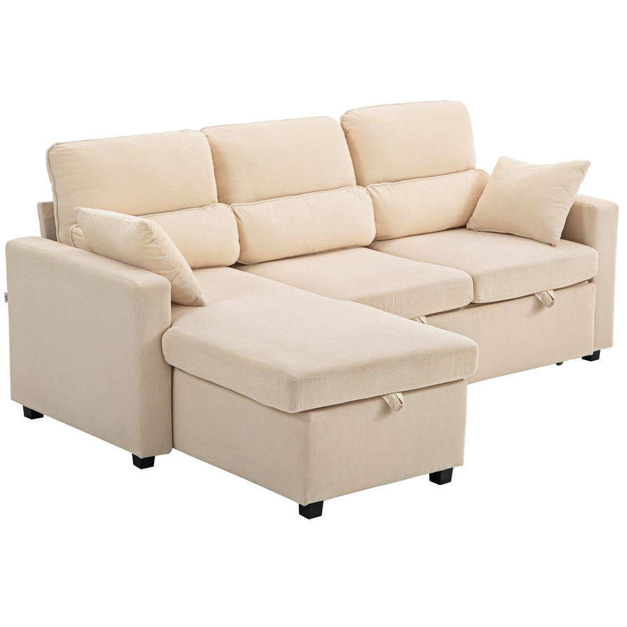 Canapé d'angle convertible velours côtelé beige, coffre de rangement