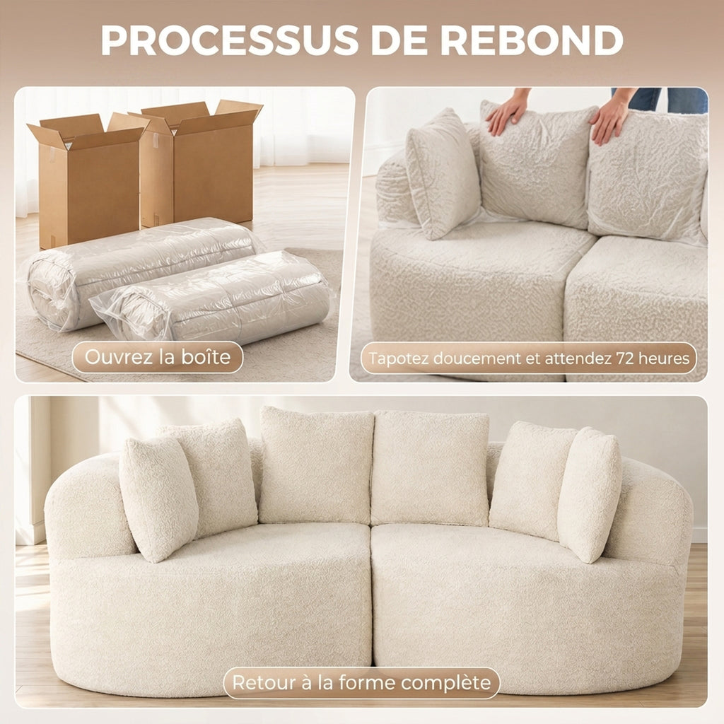 Canapé incurvé 3 places chenille crème, 188 cm, détail 5