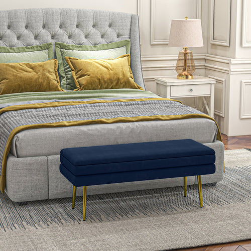 Banc coffre velours bleu marine, pieds dorés, 100 cm