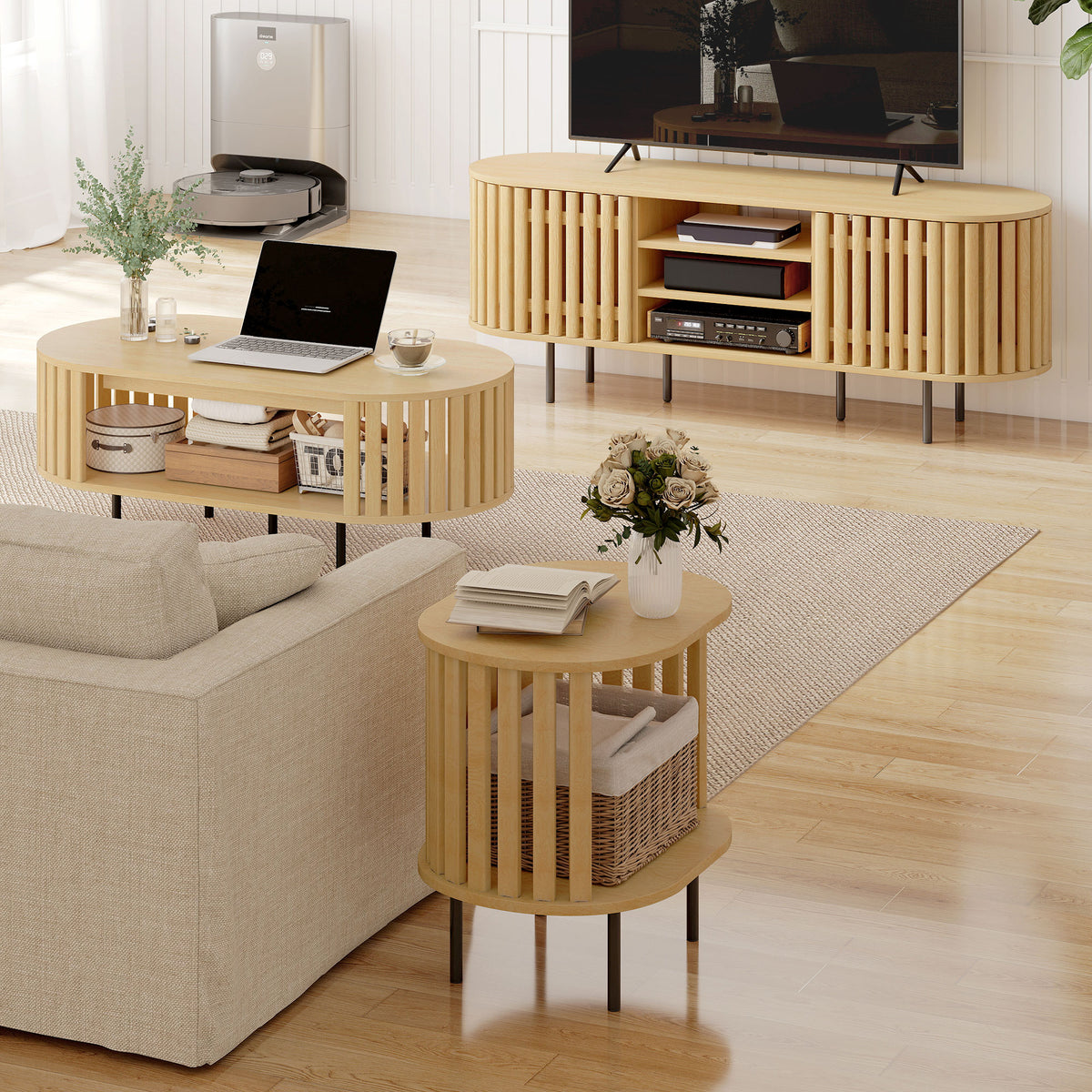 Meuble TV à portes à lattes, bois naturel, 140 × 40 × 52 cm, vue 6 – Saint-Oréan