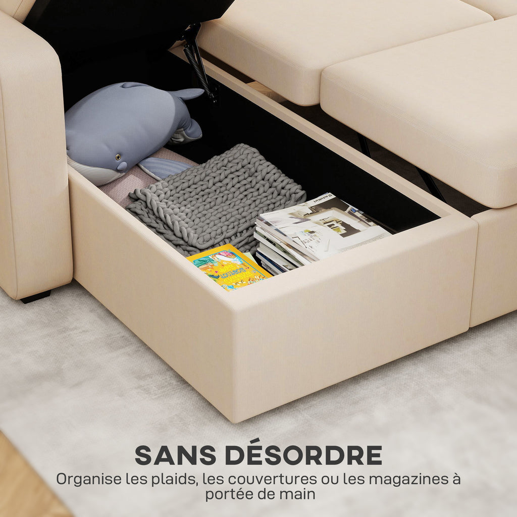 Canapé d'angle convertible velours côtelé beige, coffre, 205 × 135 cm, détail 7